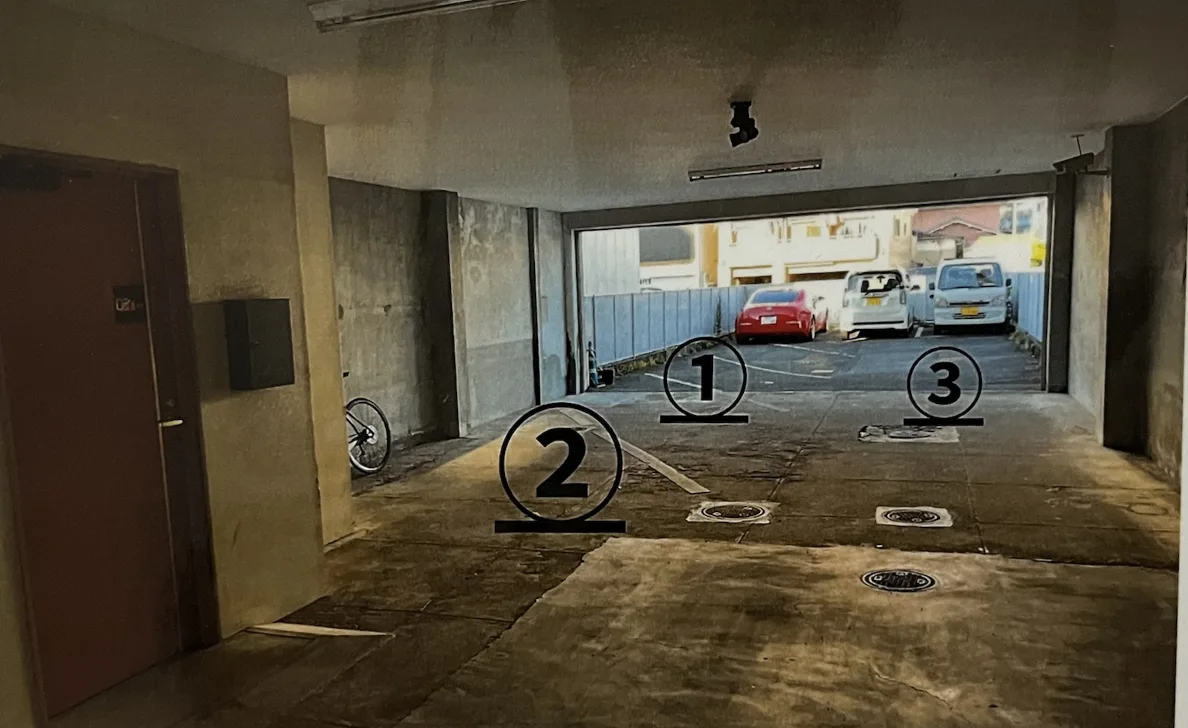 建物1階奥の駐車場。①左の奥、②左の手前、③右の奥の3台分のスペース